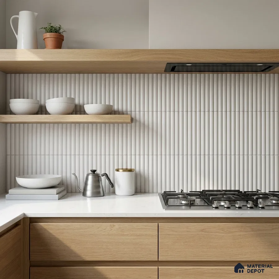 Scandinavian Kitchen with Frosty White Finger Mosaic Backsplash Tile and Oak Cabinets