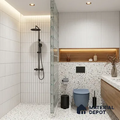 Scandinavian Bathroom with Frosty White Finger Mosaic Wall Tile and Terrazzo Floor