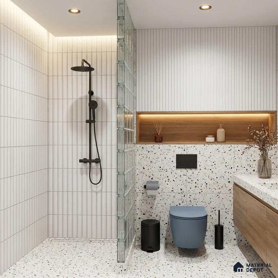 Scandinavian Bathroom with Frosty White Finger Mosaic Wall Tile and Terrazzo Floor