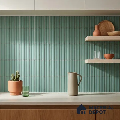 Mid-century Modern Kitchen with Teal Blue Finger Mosaic Backsplash Tile and Oak Cabinets