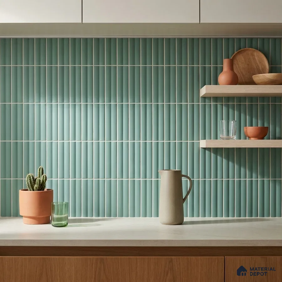 Mid-century Modern Kitchen with Teal Blue Finger Mosaic Backsplash Tile and Oak Cabinets