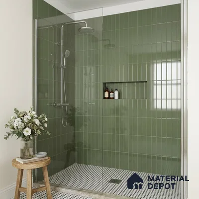 Modern Bathroom with Glossy Sage Green Finger Mosaic Wall Tile and Mosaic Floor