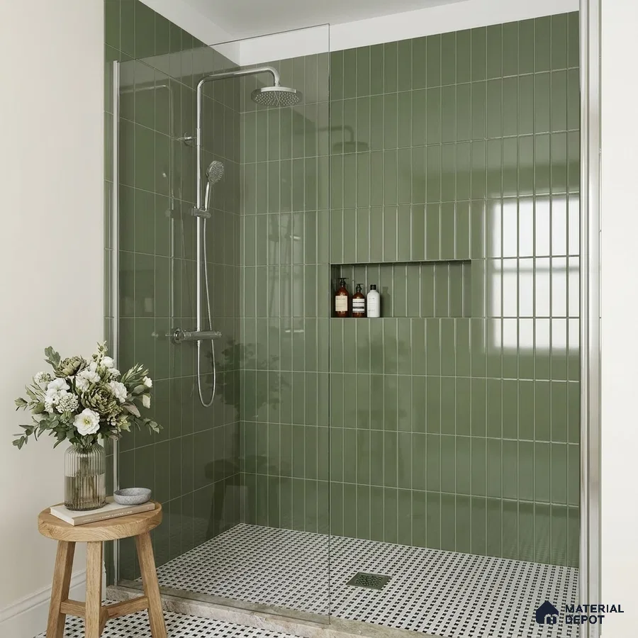 Modern Bathroom with Glossy Sage Green Finger Mosaic Wall Tile and Mosaic Floor