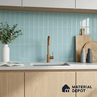 Scandinavian Kitchen with Glossy Sky Blue Finger Mosaic Backsplash Tile and Oak Cabinets