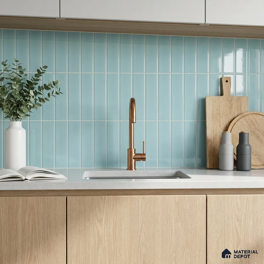 Scandinavian Kitchen with Glossy Sky Blue Finger Mosaic Backsplash Tile and Oak Cabinets