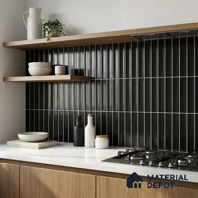 Modern Kitchen with Glossy Black Finger Mosaic Backsplash Tile and Walnut Cabinets
