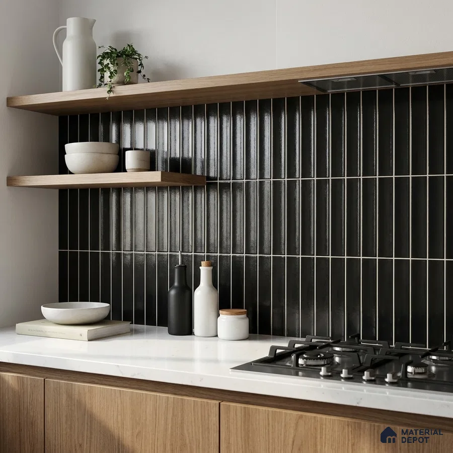 Modern Kitchen with Glossy Black Finger Mosaic Backsplash Tile and Walnut Cabinets