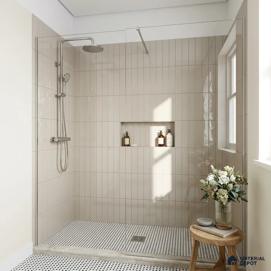 Modern Bathroom with Glossy Greige Finger Mosaic Wall Tile and Mosaic Floor