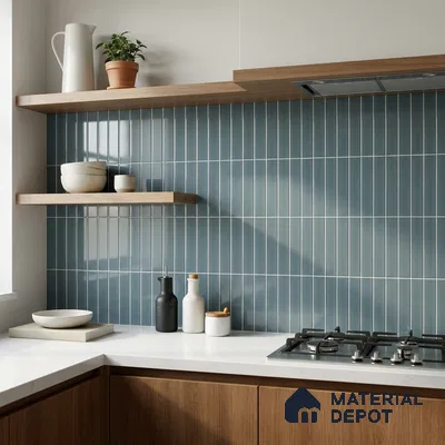 Modern Kitchen with Glossy Slate Blue Finger Mosaic Backsplash Tile and Walnut Cabinets