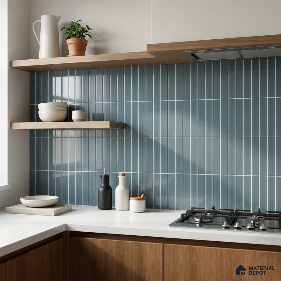 Modern Kitchen with Glossy Slate Blue Finger Mosaic Backsplash Tile and Walnut Cabinets