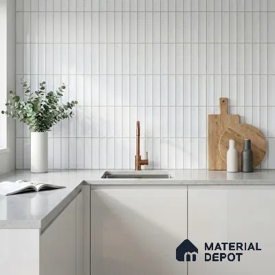 Minimalist Kitchen with Glossy White Finger Mosaic Backsplash Tile and Marble Countertop