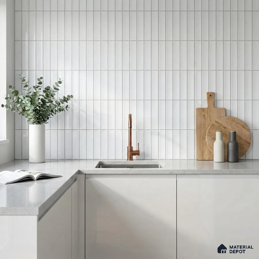 Minimalist Kitchen with Glossy White Finger Mosaic Backsplash Tile and Marble Countertop