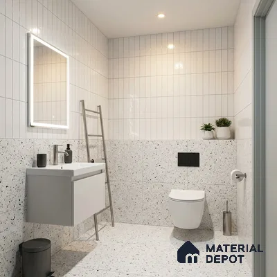 Modern Bathroom with Glossy White Subway Wall Tile and Terrazzo Lower Wall