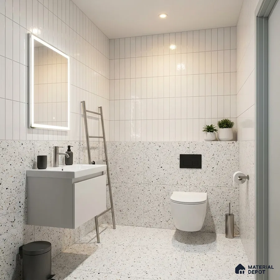 Modern Bathroom with Glossy White Subway Wall Tile and Terrazzo Lower Wall