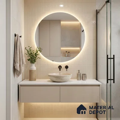 Modern Bathroom with Glossy Cream Subway Wall Tile and Backlit Round Mirror