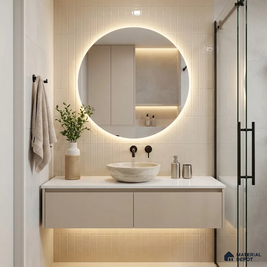Modern Bathroom with Glossy Cream Subway Wall Tile and Backlit Round Mirror