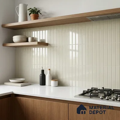 Modern Kitchen with Cream Glossy Fluted Subway Tile and Walnut Cabinets