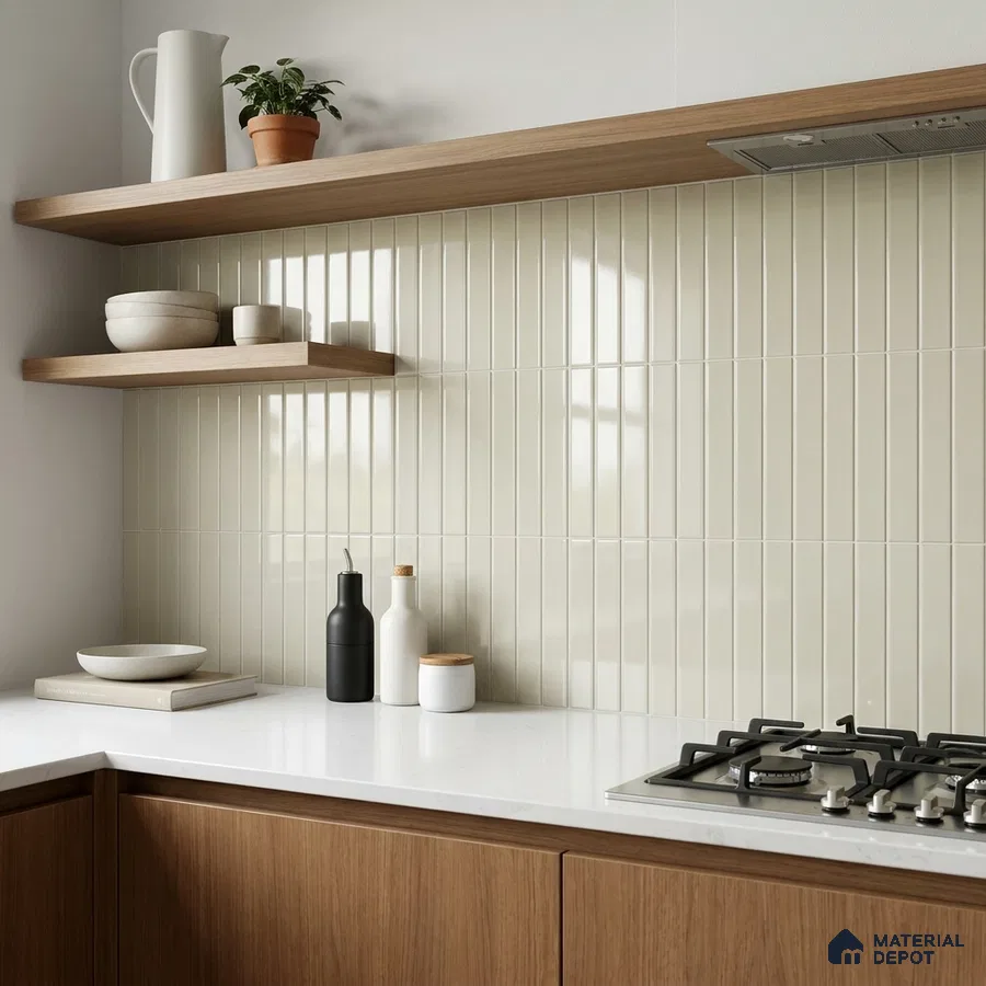 Modern Kitchen with Cream Glossy Fluted Subway Tile and Walnut Cabinets