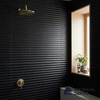 Modern Bathroom with Glossy Black Fluted Subway Tile and Brass Fixtures