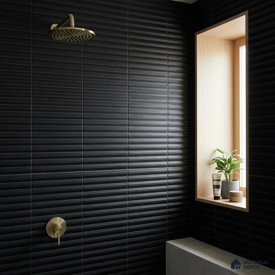 Modern Bathroom with Glossy Black Fluted Subway Tile and Brass Fixtures