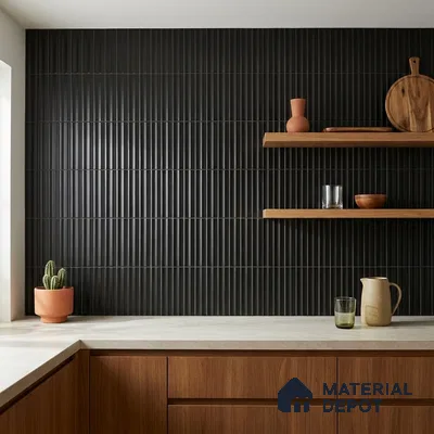 Modern Kitchen with Glossy Black Fluted Subway Tile and Walnut Cabinets