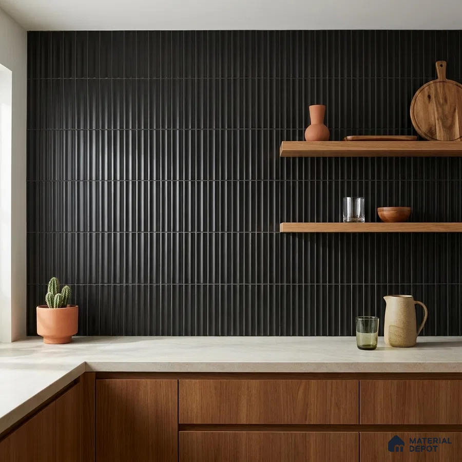 Modern Kitchen with Glossy Black Fluted Subway Tile and Walnut Cabinets