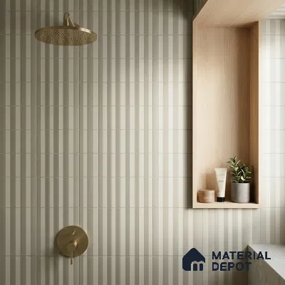 Modern Bathroom with Sage Green Fluted Subway Tile and Brass Fixtures