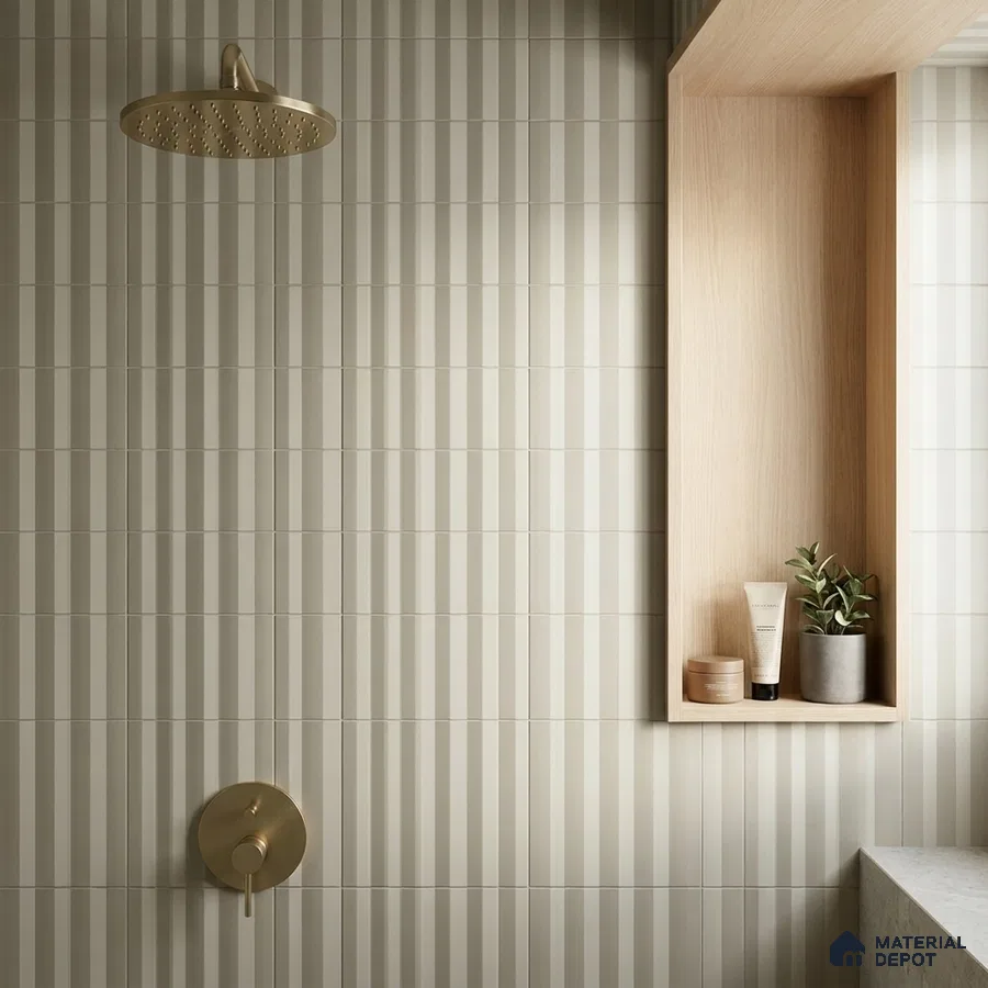 Modern Bathroom with Sage Green Fluted Subway Tile and Brass Fixtures