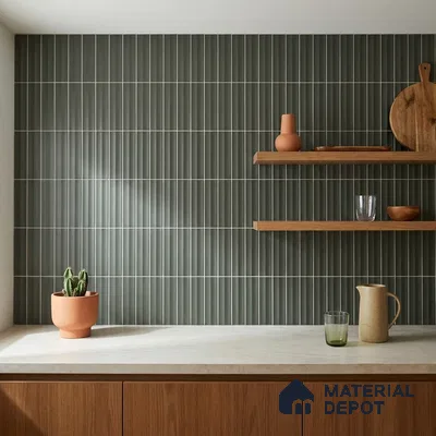 Modern Kitchen with Charcoal Grey Fluted Subway Tile and Walnut Cabinets