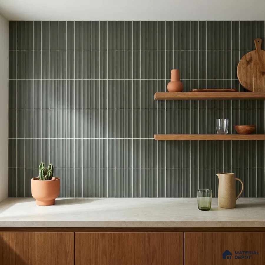 Modern Kitchen with Charcoal Grey Fluted Subway Tile and Walnut Cabinets