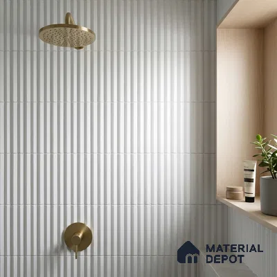 Modern Bathroom with Glossy White Fluted Subway Tile and Brass Fixtures