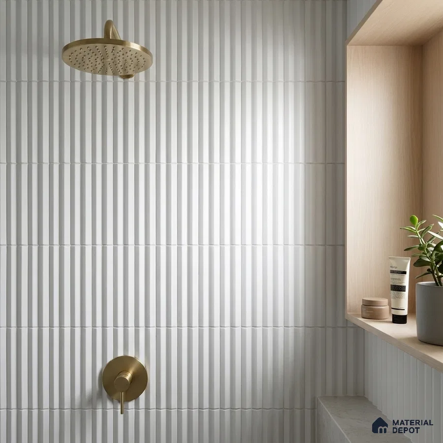 Modern Bathroom with Glossy White Fluted Subway Tile and Brass Fixtures