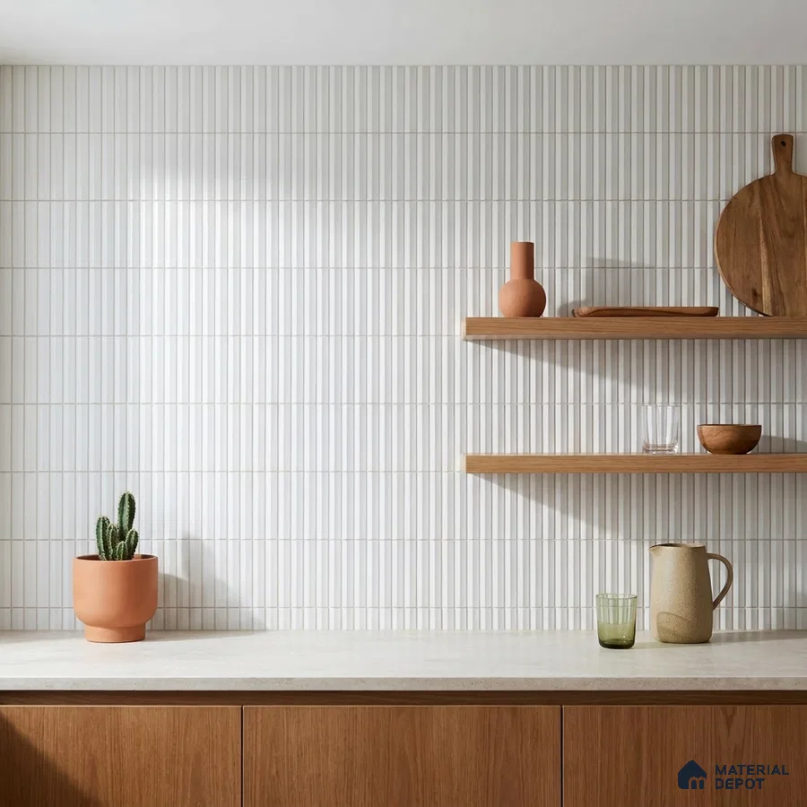 Modern Kitchen with Glossy White Fluted Subway Tile and Walnut Cabinets