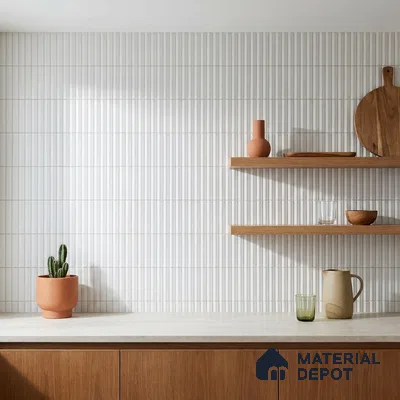Modern Kitchen with Glossy White Fluted Subway Tile and Walnut Cabinets