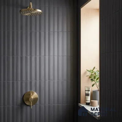 Modern Bathroom with Charcoal Fluted Subway Tile and Brass Fixtures