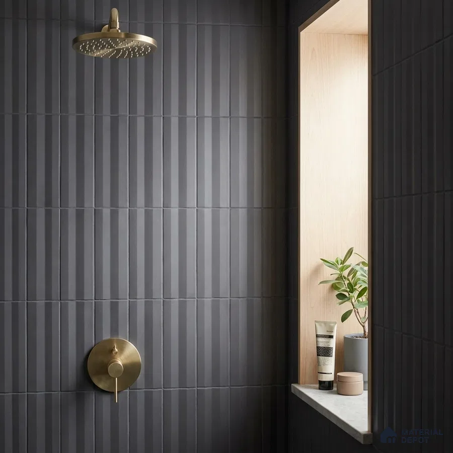 Modern Bathroom with Charcoal Fluted Subway Tile and Brass Fixtures