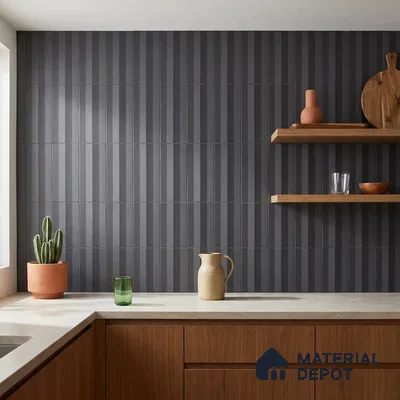 Modern Kitchen with Charcoal Grey Fluted Subway Tile and Walnut Cabinets