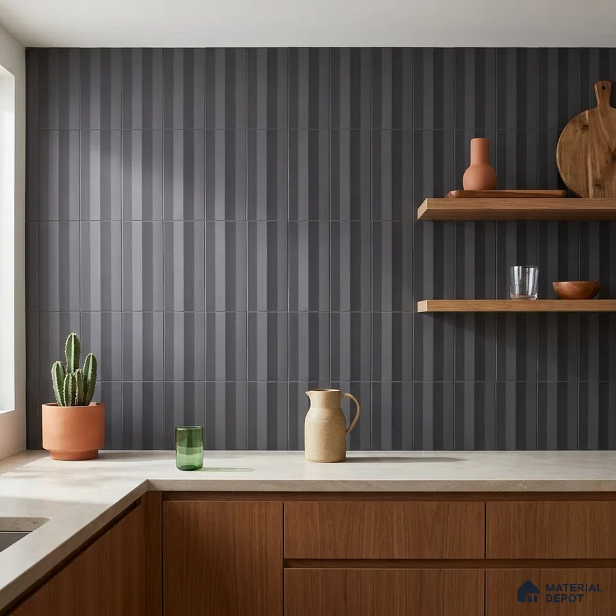 Modern Kitchen with Charcoal Grey Fluted Subway Tile and Walnut Cabinets