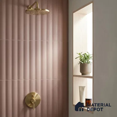 Modern Bathroom with Dusty Rose Fluted Subway Tile and Brass Fixtures
