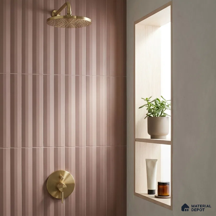Modern Bathroom with Dusty Rose Fluted Subway Tile and Brass Fixtures