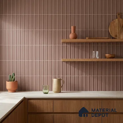Mid-century Modern Kitchen with Dusty Rose Subway Tile and Walnut Cabinets