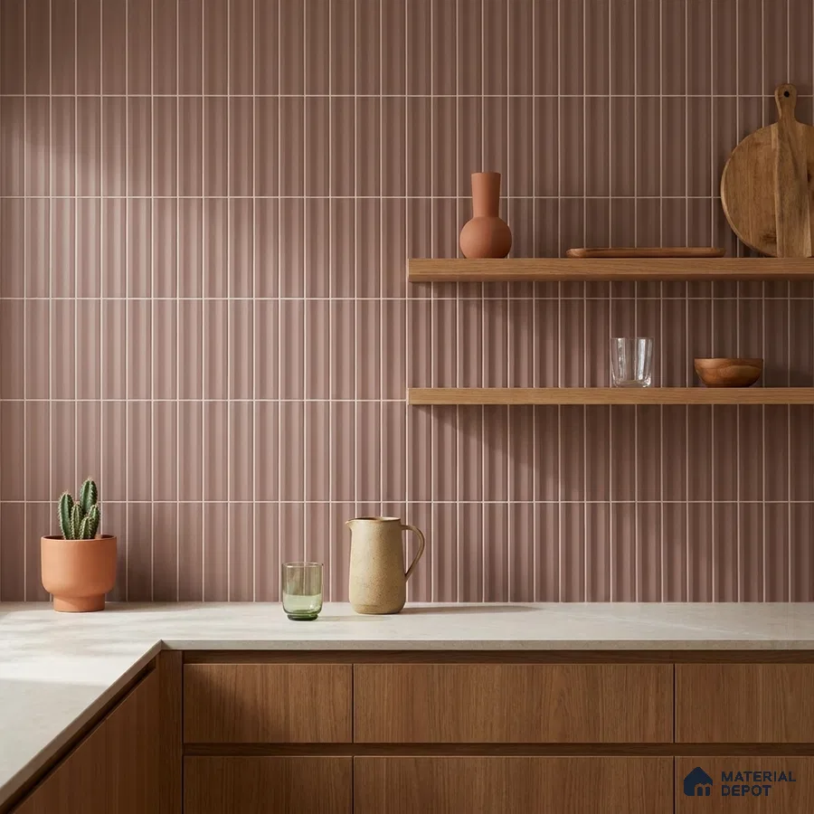 Mid-century Modern Kitchen with Dusty Rose Subway Tile and Walnut Cabinets