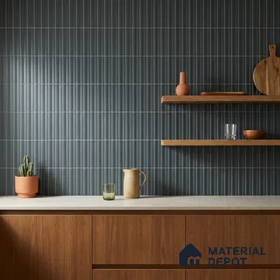 Modern Kitchen with Slate Blue Fluted Subway Tile and Walnut Cabinets