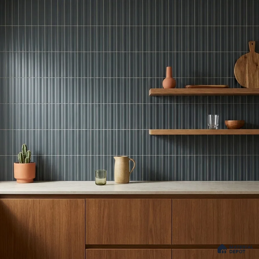 Modern Kitchen with Slate Blue Fluted Subway Tile and Walnut Cabinets