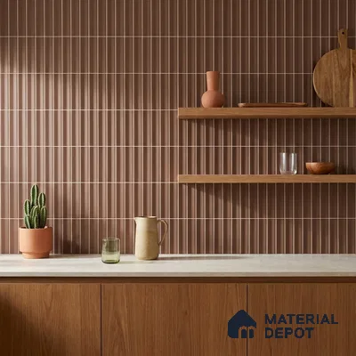 Mid-century Modern Kitchen with Terracotta Brown Subway Tile and Walnut Cabinets