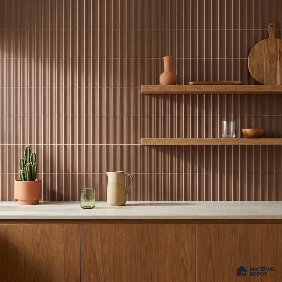 Mid-century Modern Kitchen with Terracotta Brown Subway Tile and Walnut Cabinets