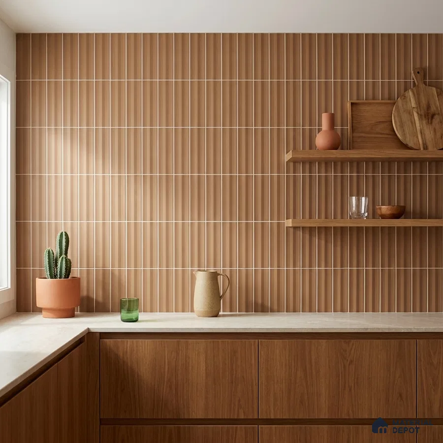 Mid-century Modern Kitchen with Warm Tan Subway Tile and Walnut Cabinets
