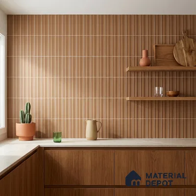 Mid-century Modern Kitchen with Warm Tan Subway Tile and Walnut Cabinets