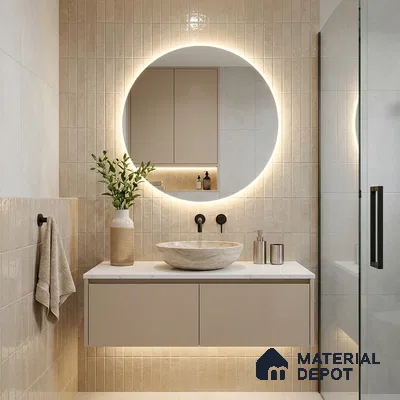 Modern Bathroom with Ivory Textured Subway Tile and Floating Vanity