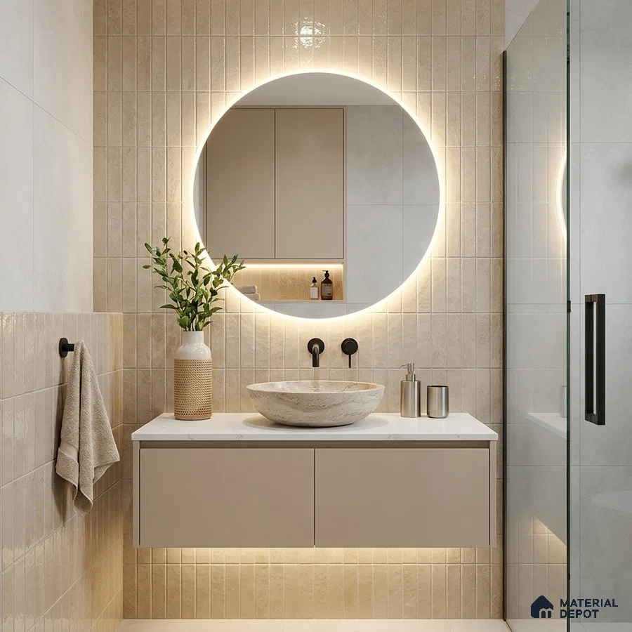 Modern Bathroom with Ivory Textured Subway Tile and Floating Vanity